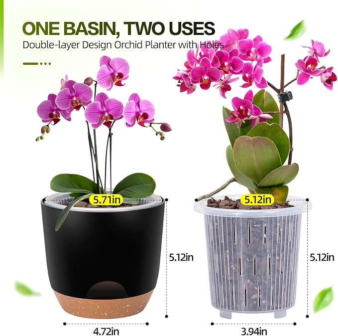 3Packs Self Watering Orchid Pots for Indoor Plants,5.8 Inch Macetas para Orqudeas,Flower Pots for Indoor Plants with Holes(Black)