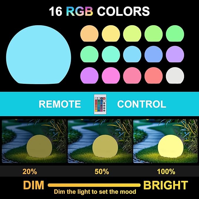 10 Inch Solar Ball Light, Solar Rechargeable Globe Light,16 RGB Colors and Dimmable Globe Light with Remote,Decor for Patio,Garden,Yard,Beach,Pathway,Party Decorative Lighting
