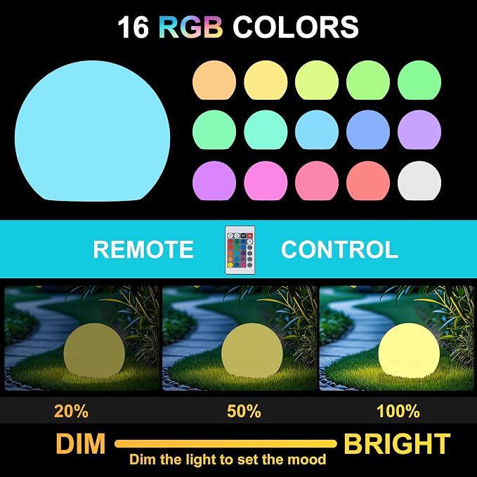 12 Inch Solar Ball Light, Solar Rechargeable Globe Light,16 RGB Colors and Dimmable Globe Light with Remote,Decor for Patio,Garden,Yard,Beach,Pathway,Party Decorative Lighting