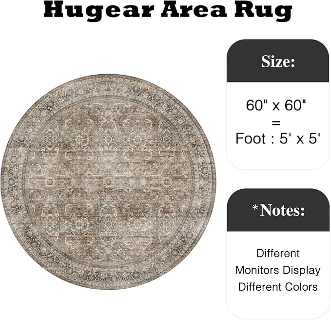 5ft Round Brown Vintage Distressed Washable Rug for Living Room | Low Pile, Non Slip, Retro Style, Soft Distressed Round Rug for Living Room, Bedroom, Dining Room, Home Decor