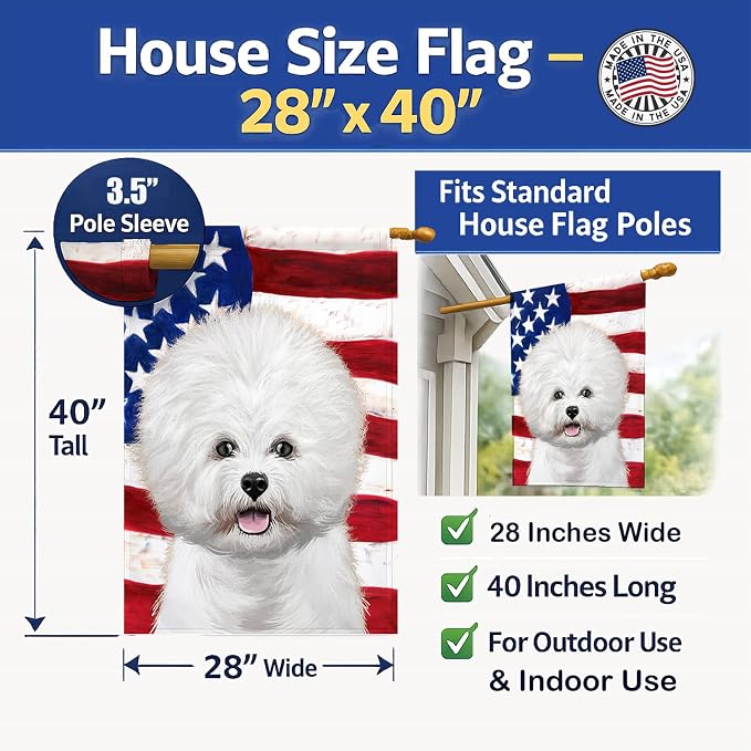 Caroline's Treasures CK6434CHF Bichon Frise American Flag House Flag Large Porch Sleeve Pole Decorative Outside Yard Banner Artwork Wall Hanging, Polyester, House Size, Multicolor