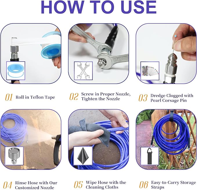 100FT Sewer Jetter Kit for Pressure Washer 1/4" NPT Drain Cleaner Hose 5800PSI Corner Rotating and Button Hose Sewer Jetting Nozzle Pearl Corsage Pin Tape Handle Strap Spanner