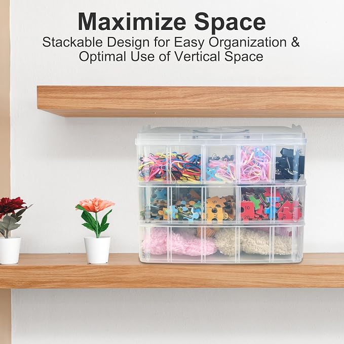 3-Tier Stackable Storage Container Box, 30 Compartments - Upgraded Large Clear Craft Organizer with Dividers for Beads, Small Toys, Jewelry, Washi Tape & Sewing Supplies
