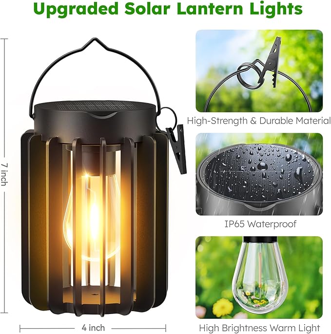 Ahaorigin Solar Lanterns Outdoor Waterproof, Brighter Up to 12 Hrs Outdoor Hanging Solar Lights, Outside Hanging Lanterns for Garden Porch Patio Yard Decor, Gifts for Women Mom Father Black 2 Pack