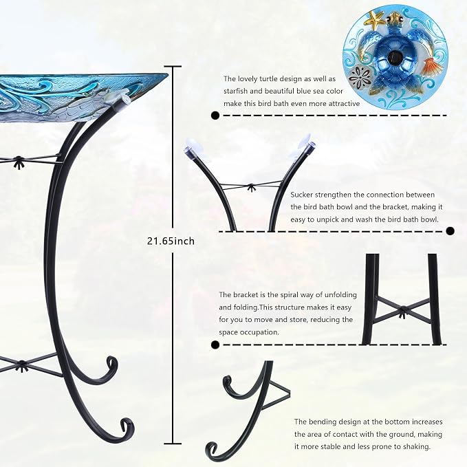MUMTOP Glass Bird Bath, Large Bird Baths for Outdoors, Solar Birdfeeder with Metal Stand for Garden, Yard, Lawn Decor sea Turtle Pattern(Blue, 21.5"X18")