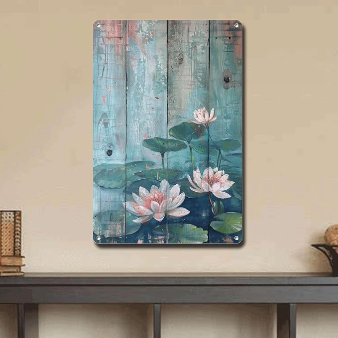 Metal Sign Tin Sign Vintage Wall Art Shabby Chic Water Lilies Tin Sign for Vintage Pond Tranquility Rustic Wall Art and Distressed Woo Garden Tin Sign for Restaurant 6×8 Inches