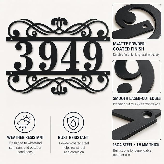 Personalized Metal House Number Sign Custom Address Plaque Modern House Numbers Outdoor Wall Mounted Address Sign Decorative Home Entry Porch Farmhouse Curb Appeal Gift for New Home