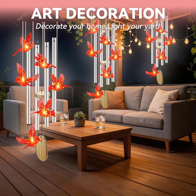 Wind Chimes for Outside, Solar Lights Outdoor Waterproof, Color Changing Cardinal Light for Yard, Outdoor, Patio, Garden Decor, Wind Mobiles Gardening Gifts for Women, Mom, Wife, Red Cardinal