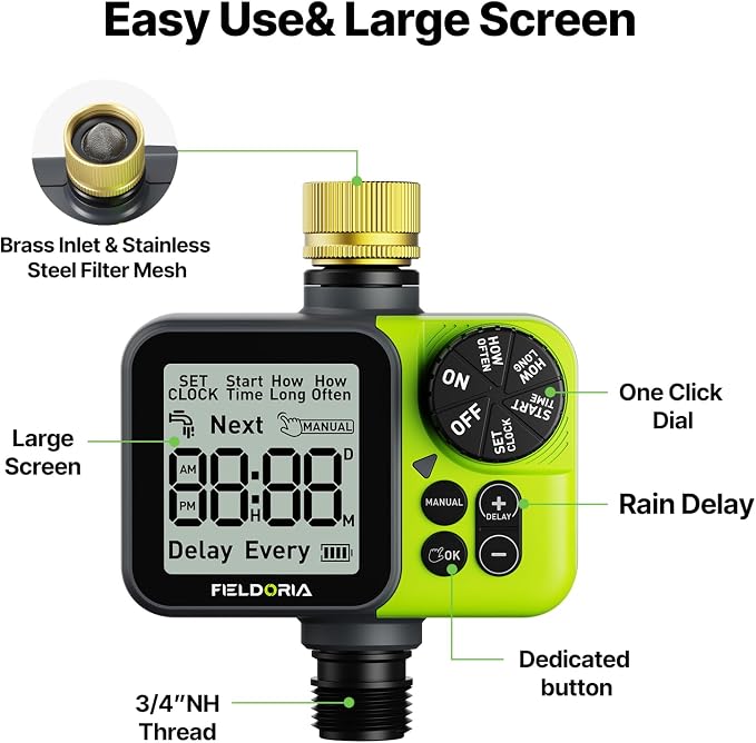 Sprinkler Timer, Brass Inlet Programmable Watering Timer for Garden Hose Fits 3/4” US Faucet, Outdoor Soaker Hose Timer w/Rain Delay/Manual/Automatic Watering, Drip Irrigation for Lawn Yard