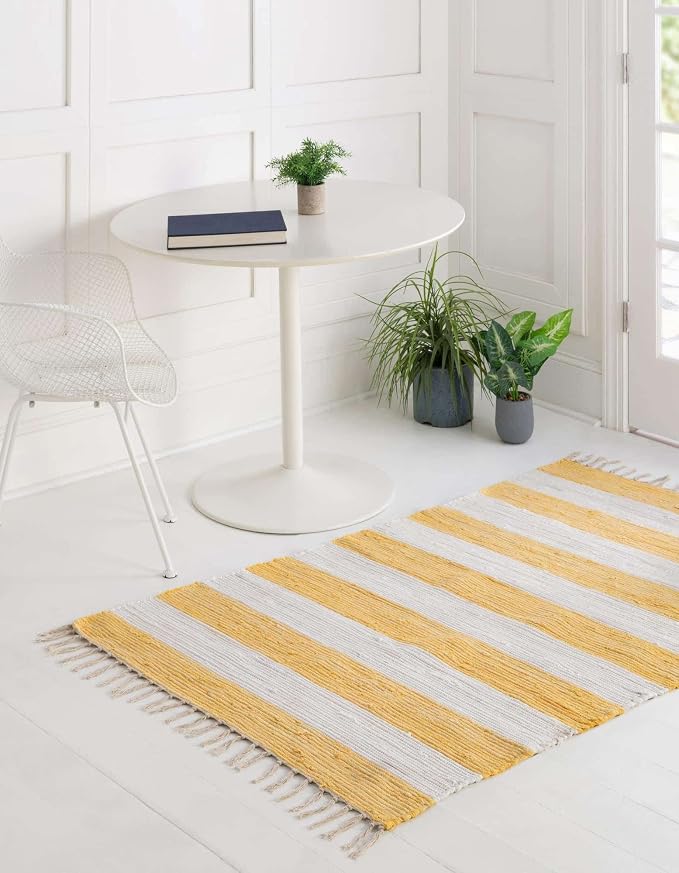 Unique Loom Chindi Rag Collection Area Rug - Striped (7' 10" x 10' Rectangle, Yellow and Ivory)