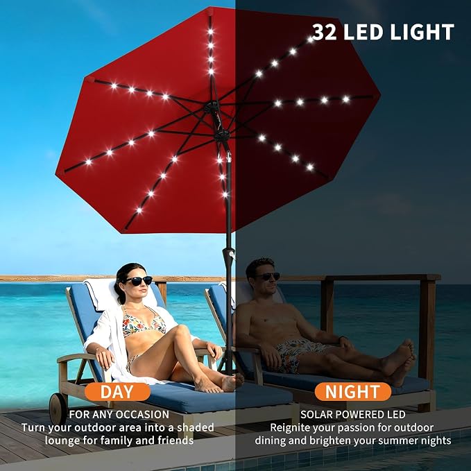Garvee 10FT Solar Patio Umbrella with 32 LED Lights - Outdoor Table Umbrella with Crank Lift, Push Button Tilt and 8 Sturdy Ribs - Market Umbrella UV Protection for Pool, Deck, Yard, Garden -Red