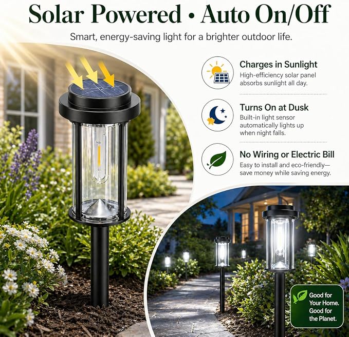 DERAYSION 12 Pack Solar Lights Outdoor, 21" Solar Pathway Lights Auto On/Off Waterproof Garden Lights for Path, Yard, Walkway, Driveway Decor, Cool White