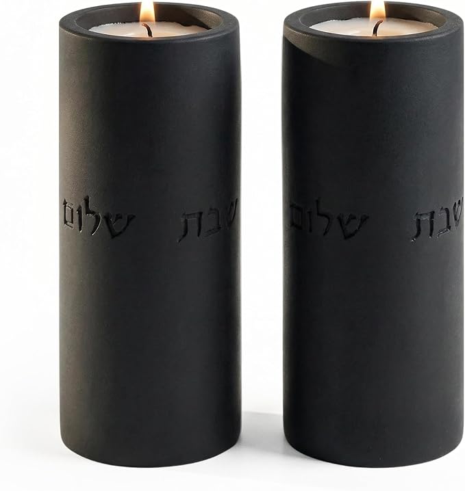SURI Concrete Shabbat Candle Holders in Black | Jewish Judaica Gift Set with Modern Shabbat Candle Holders | Tall & Short, Ideal Shabbat Set for Tea Lights (Tealights not Included)