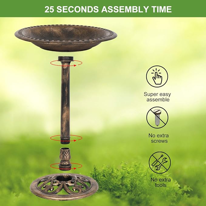 VINGLI Pedestal Bird Bath with Solar Fountain, Solar Pump Resin Birdbaths, Weather Resistant Bird Baths with Ground Stakes, Vintage Finish Garden Decor for Outdoor, Patio, Yard, Lawn (Copper)
