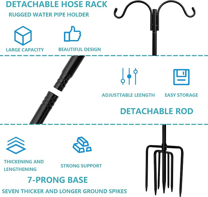 Garden Hose Holder 2 Pack with 7 Prong Base and Dual Shepherd Hooks | Water Hose Holders for 150 Feet Hose, Detachable Hose Storage Hanger for Outside Lawn Yard