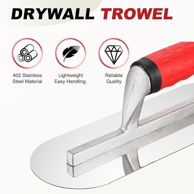 HARFINGTON Double Round Drywall Trowel 11" x 4", 402 Stainless Steel Concrete Finishing Trowel Art Paint Plastering Hand Tools with TPE Grip, for Concrete Cement, Silver