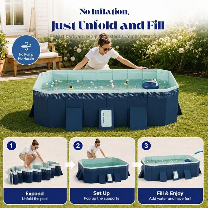 112.59-Inch Foldable Swimming Pool, Blue Non-Inflatable Rectangular Pool for 6-8 People, 4-Layer Composite PVC, Aluminum Alloy Frame, Dual Drains for Backyard Fun