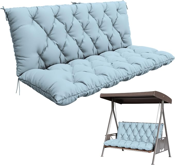Porch Swing Cushion with Backrest,Waterproof Bench Cushion for Outdoor Furniture,2-3 Seater Replacement Thickened 5 in swing cushion,with Ties,Patio,Outdoor,Backyard and Garden (Sky Blue,60x40 in)