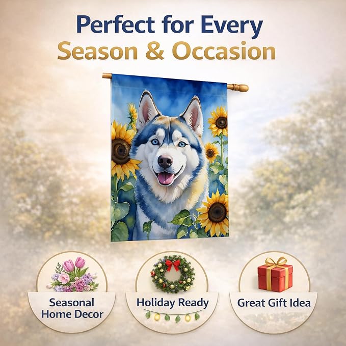 Caroline's Treasures DAC6163CHF Siberian Husky in Sunflowers House Flag Large Porch Sleeve Pole Decorative Outside Yard Banner Artwork Wall Hanging, Polyester, House Size, Multicolor