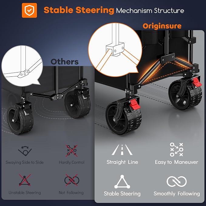 Originsure 48" L Collapsible Wagon Cart Foldable, 560lbs Weight Capacity 300L Heavy Duty Folding Beach Wagons with Big All-Terrain Wheels, Utility Carts for Groceries, Camping, Sports - Black