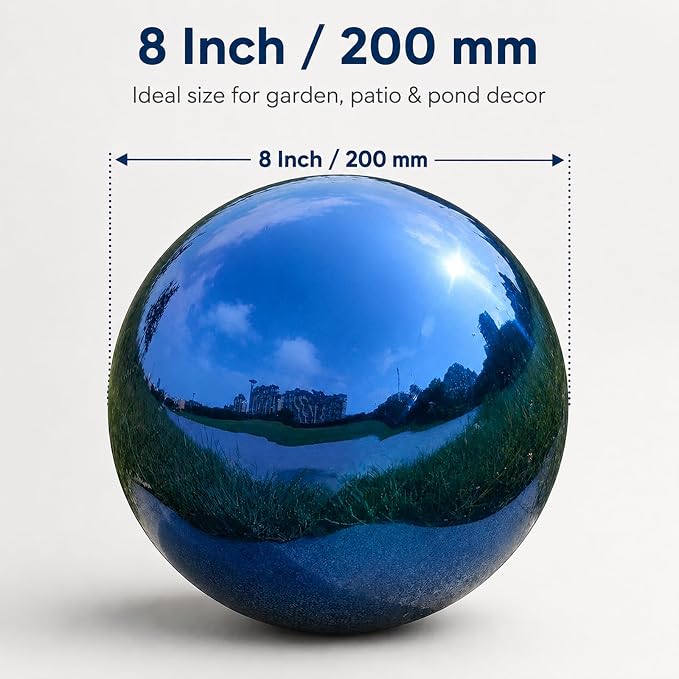 Gazing Ball Garden Mirror Outdoor - 8 Inch Outside Decorative Globe, Blue | Metal Polished Reflective Sphere, Stainless Steel Hollow Decoration Ornament for Home Pond Swimming Pool Housewarming Gift