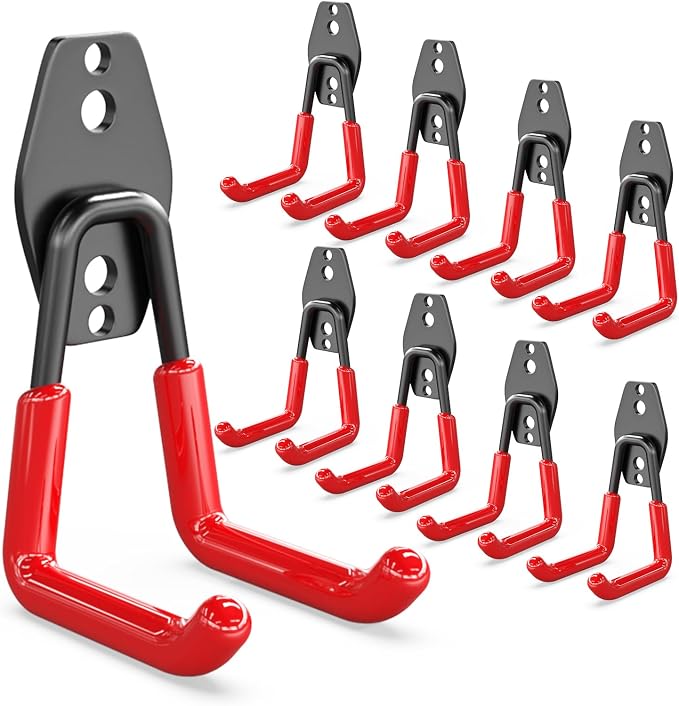 3-H Heavy Duty Garage Wall Hooks 8 Pack, 4.3 Inch Same Size, Anti-Slip PVC Coating Wall Mount Garage Storage Hooks for Ladders, Yard Tools, Shovel, Weed Eater, Hoses,Red