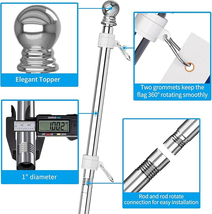 ZMTECH American Flag with Pole- 6FT Flagpoles with Upgraded Tangle Free Rings and Bracket, 1" Stainless Steel Flag Poles with Holder for Outside House, Residential or Commerical (Silver, No Light)