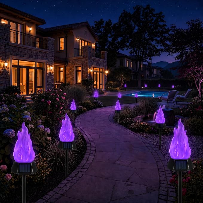 Toodour Solar Outdoor Torch Lights with Flickering Flame, 4 Pack Solar Pathway Decorative Lights, Waterproof LED Flame Torches for Outdoor Camping Garden Landscape Patio Path Yard Decorations - Purple