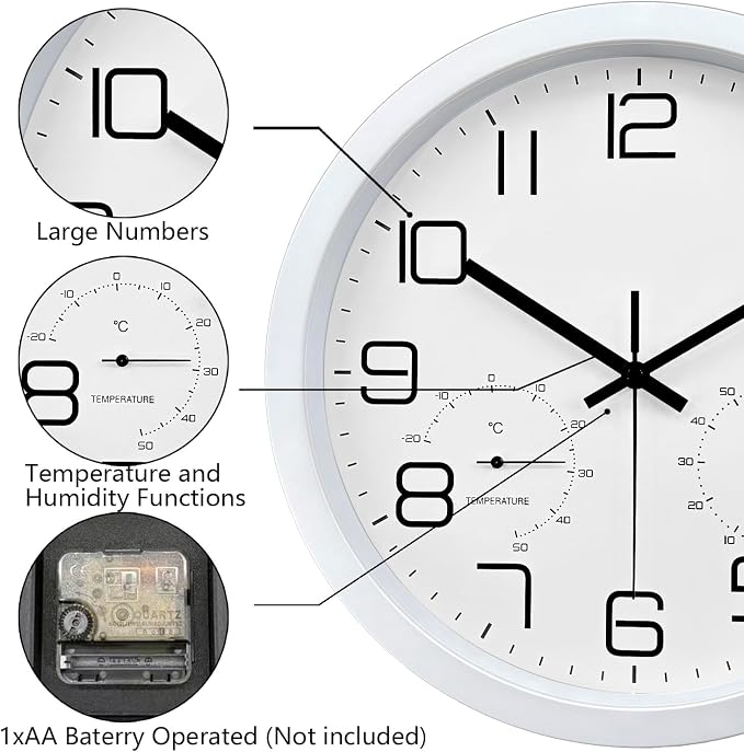 12 Inch Wall Clock with Temperature and Humidity, Wall Clocks Battery Operated, Silent Non-Ticking Large Numbers Analog Clock for Bedroom Living Room Office Kitchen Farmhouse Outdoor, White, Celsius