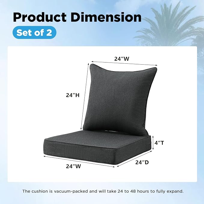 Sunbrella Outdoor Deep Seat & Back Cushion Set (2-Pack), 24 x 24 Inch Water Repellent and Fade Resistant Patio Furniture with Removable Cover for Outside Sofa Couch, Canvas Soot