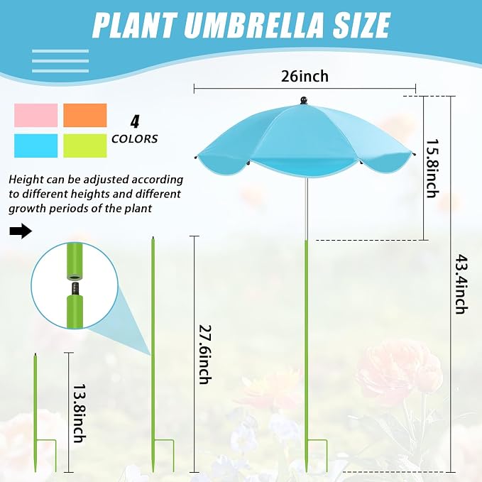 Axcoix 4 Pack Upgraded Plant Umbrellas for Outdoor Plants, 26" Larger Garden Plant Umbrella Shade with Adjustable Angle, 43.4" Higher Sun Shade for Plants, Potted Plant, Garden Beds