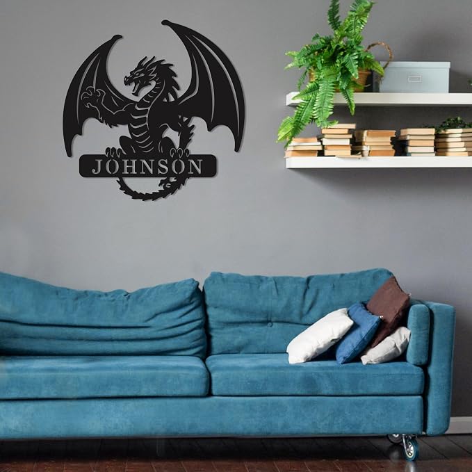 Personalized Dragon Metal Wall Art – Custom Last Name Sign, Western Dragon Home Decor for Living Room, Porch & Outdoor Display