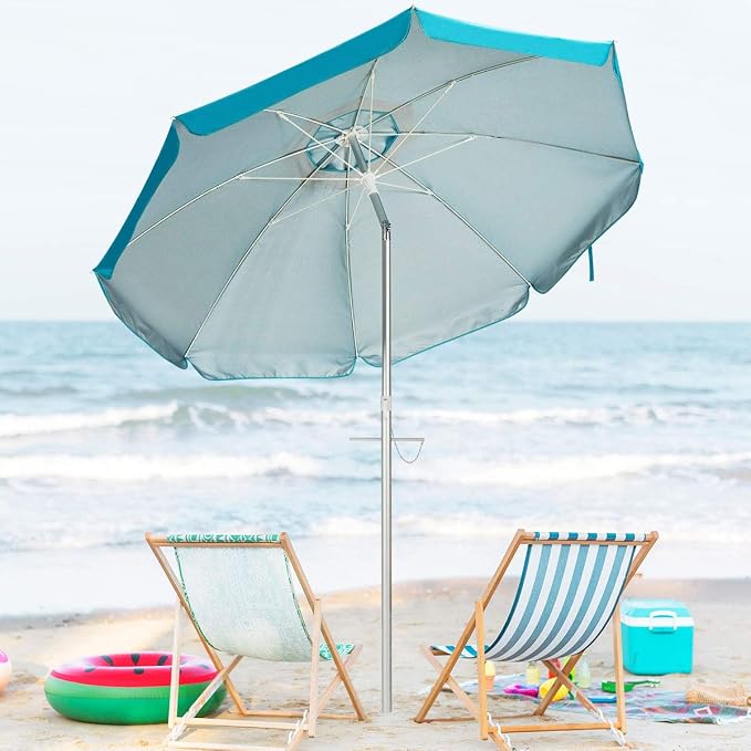 Tangkula 6.5ft Outdoor Beach Umbrella with Sand Anchor, Patio Umbrella with Push Button Tilt & UPF 50+ Protection, Portable Sunshade Umbrella with Carry Bag for Garden Beach Outdoor (Blue)