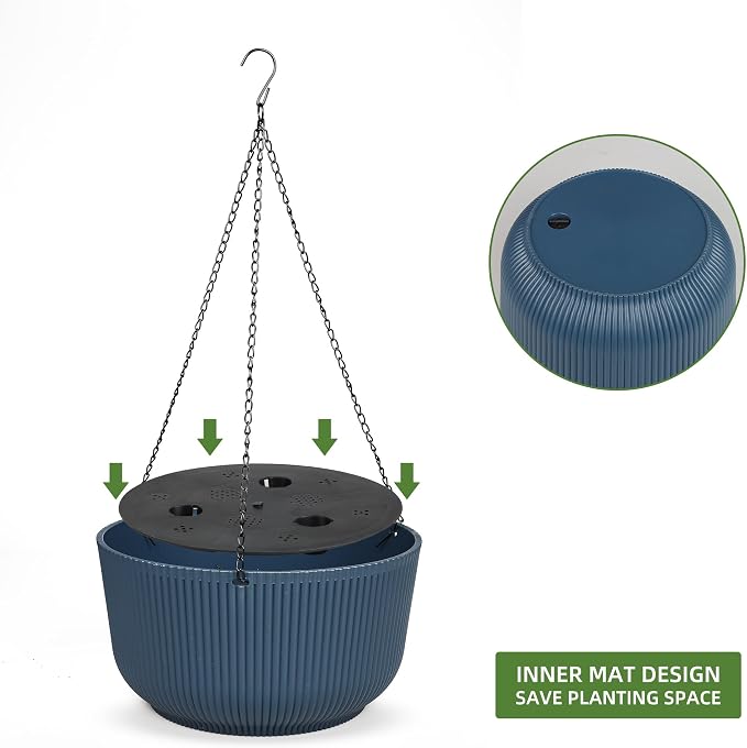 Dexceder 11.2 Inch Self Watering Hanging Planter (2 Pack, Deep Blue) | Thickened Hanging Basket Flower Plant Pot Indoor Outdoor