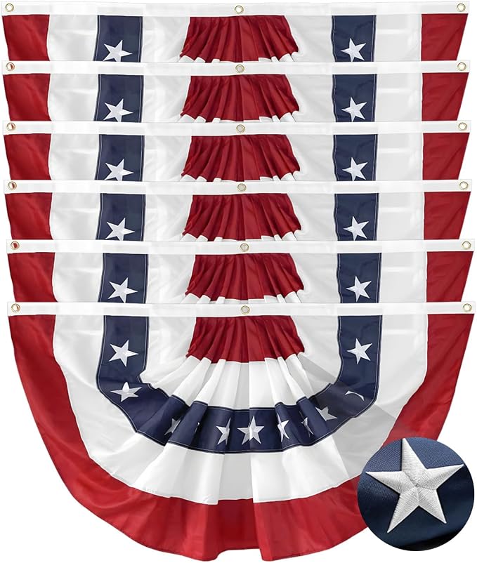 6Pack American Bunting Flags for 4th of July Patriotic Decor 1.5x3Ft Pleated Half Fan Bunting 250th Anniversary Outside Porch USA Flag Garden Embroidered Star Red White & Blue Stripe Banner
