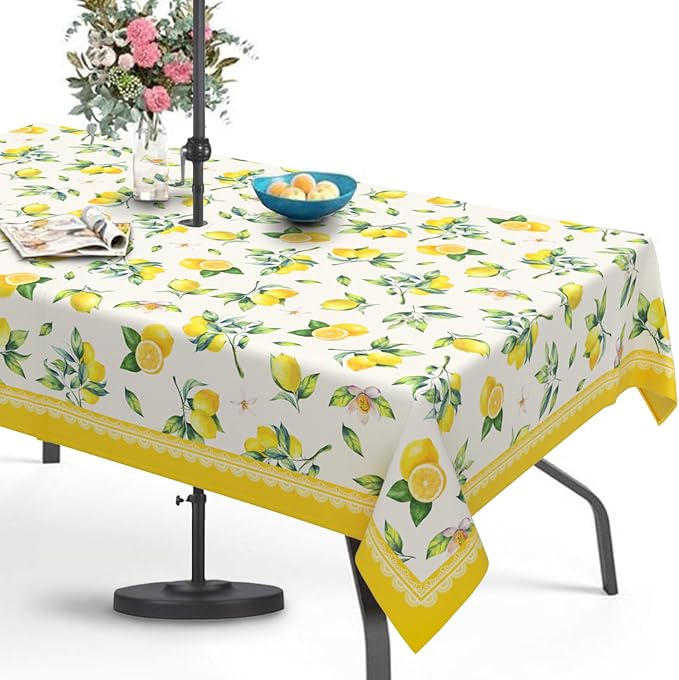 Lemon Outdoor Tablecloth with Umbrella Hole 60" x 120" Waterproof Zipper Table Cloth for Garden - Ideal Patio Table Cover for Picnics, Camping, and Yard Use