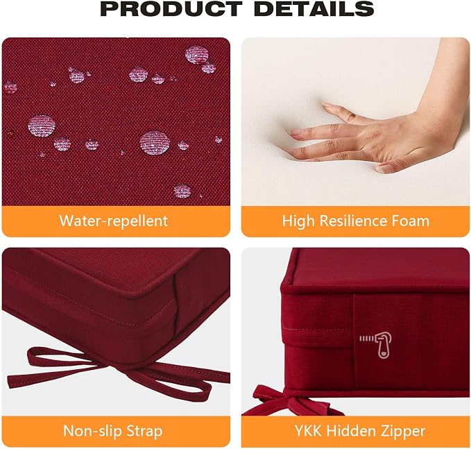 Square Corner Seat Cushions, 19" x 19" x 3", Set of 4, Indoor Outdoor Water Repellent Universal Chair Pads with Ties for Patio Furniture, Garden Deck Dining Chairs, Red