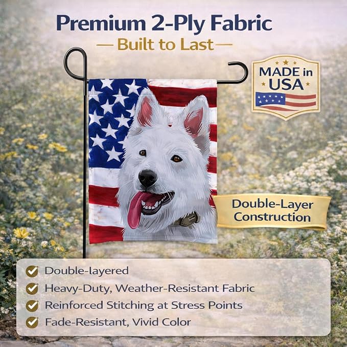 Caroline's Treasures CK6431GF Berger Blanc Suisse American Flag Garden Flag Mailbox Flag Decorative Yard Flag Banner Outside Patio Artwork Yard Flower Beds, Garden Size, Multicolor