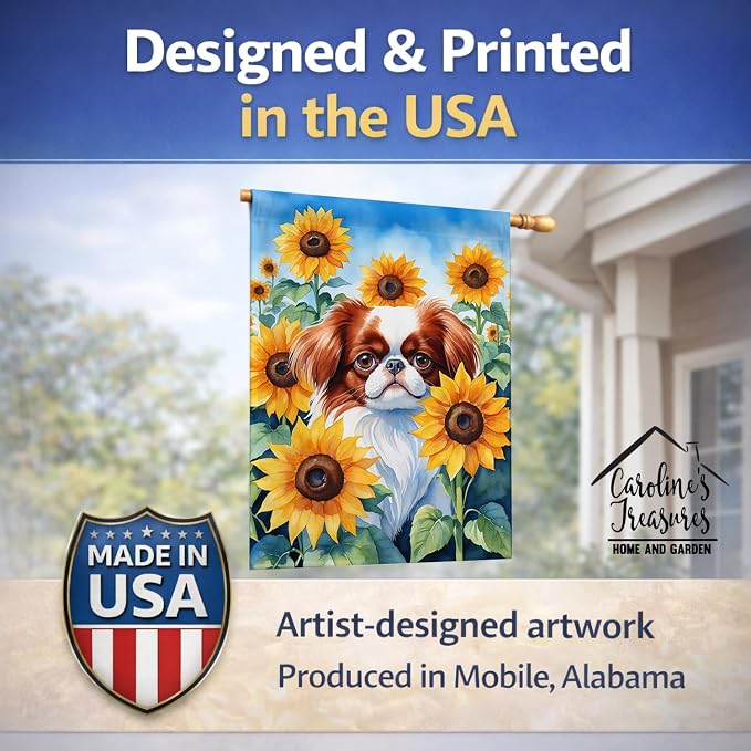 Caroline's Treasures DAC6104CHF Japanese Chin in Sunflowers House Flag Large Porch Sleeve Pole Decorative Outside Yard Banner Artwork Wall Hanging, Polyester, House Size, Multicolor