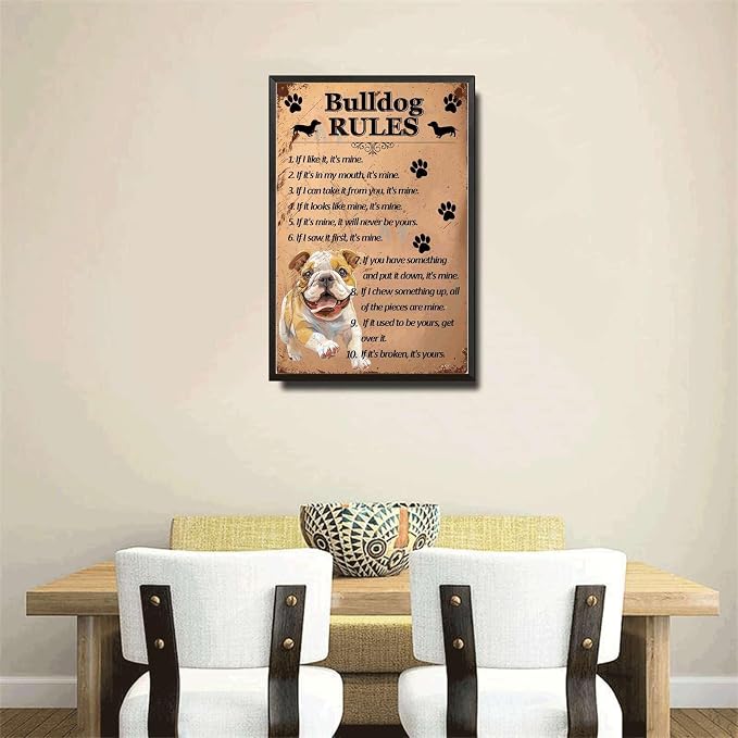 Metal Sign Tin Sign Vintage Wall Art Bulldog Rules Bathroom Signs for Home for Bar 6×8 Inches with Metal Frame