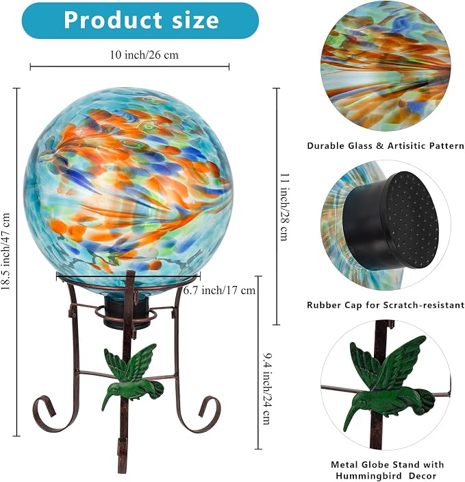 10 Inch Glass Gazing Ball with 9.4" H Metal Stand | Glass Gazing Globe Display Holder Set for Outdoor Garden Lawn Yard Decoration, Blue Artistic
