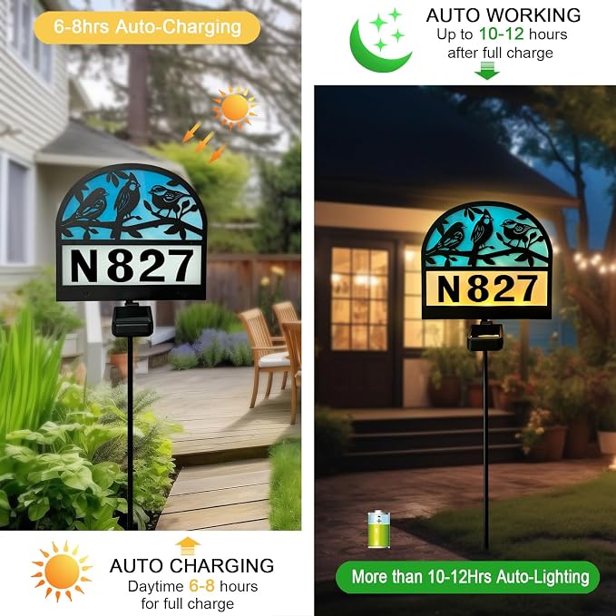 Solar Address Signs for Houses,YY Gardenia House Numbers for Outside,Metal Birds Decor for Outside,Yard Sign Stake