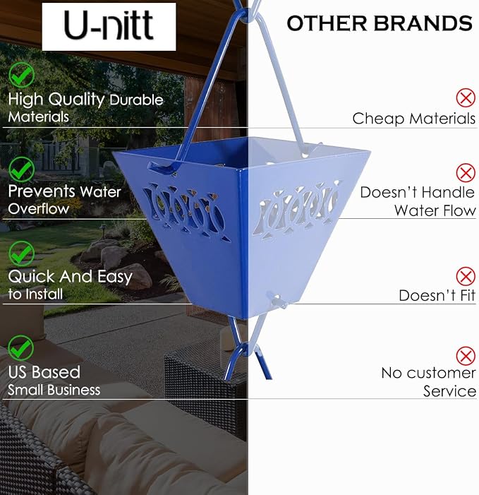 U-nitt Rain Chain Water Collection for Gutters Rainwater Catcher & Diverter, 8.5 FT Chains for Outside Garden, Blue Square Cups, Roof Downspout, Works with Heavy Rain, w/Gutter Clip for Rainchains