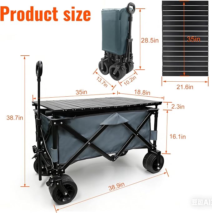 Collapsible Foldable Wagon Cart with Big Wheels and Tabletop, Large Capacity 440Lbs Folding Utility Wagon Carts for Sand, Beach, Camping, Shopping, Sport (Gray)