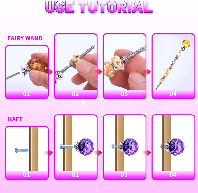 AIPRIDY DIY Crystal Beaded Fairy Wand Garden Stakes Kit, Colorful Decorative Wands with Assembly Guide, 12 or 10 Inch Threaded Rods,Outdoor Garden Decoration Set (238, Rainbow+Rose Flower Top)