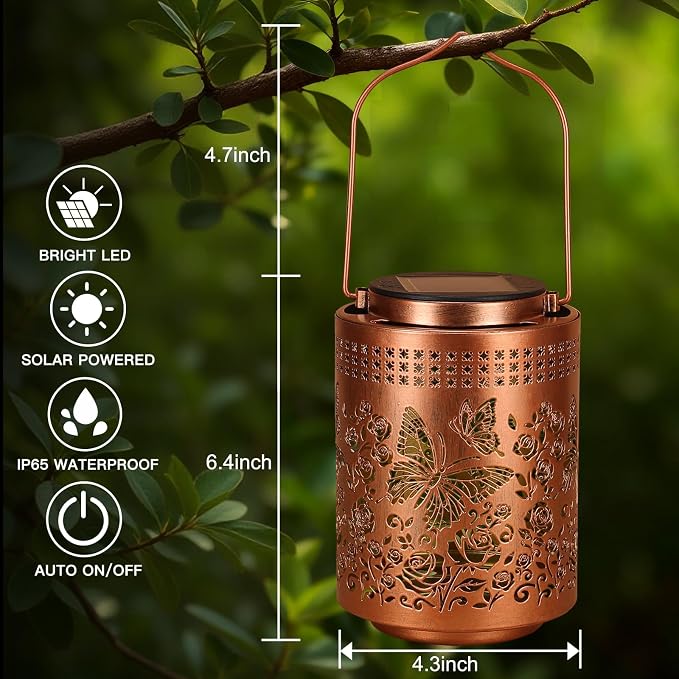 Solar Lanterns Outdoor Waterproof Butterfly Garden Decor Gifts for Women Mom Grandma, Hanging Solar Lights Metal Garden Decoration Outside for Yard, Patio, Backyard, Porch for Gift Card Box Packaging