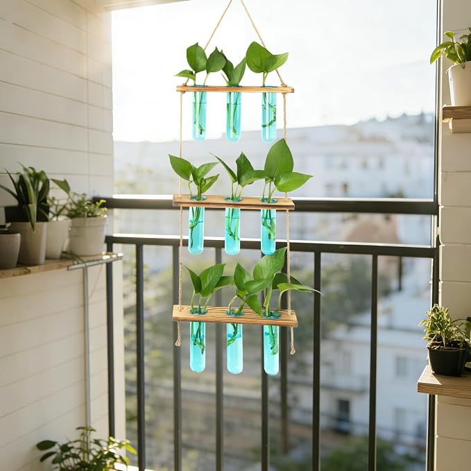 XXXFLOWER Wall Hanging Propagation Station with Wooden Stand 9 Test Tubes Vases Tiers Planters Wall Terrarium for Home Office Plant Hanger Flower Vases Wall Decor Hydroponic Cuttings(Blue)