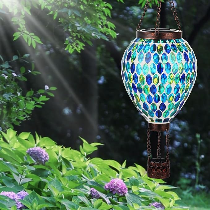 VOREEN Hot Air Balloon Solar Lantern, Handmade Mosaic Solar Outdoor Hanging Wind Light, Waterproof, Patio Festive Decor, Gift for Mom Wife Friend, Blue