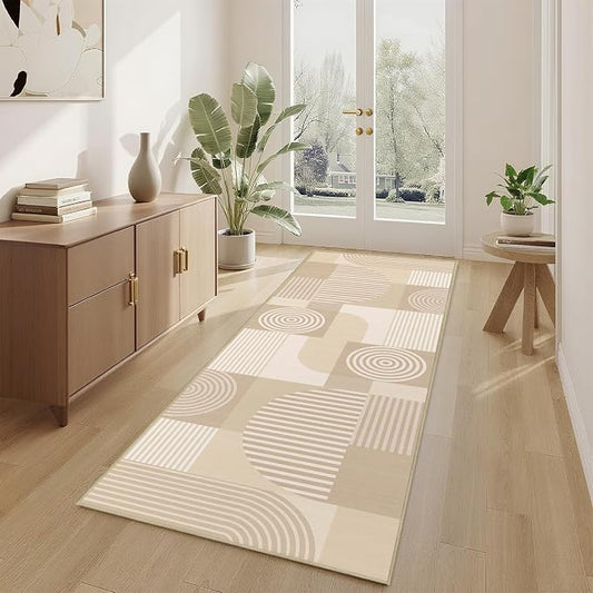 Beige Geometric 2x6 Runner Rug for Hallway Kitchen Bedroom White Machine Washable Mid Century Modern Rug Non Slip Low Pile Minimalist Line Rugs Long Floor Mat Carpet for Bathroom Laundry,Beige