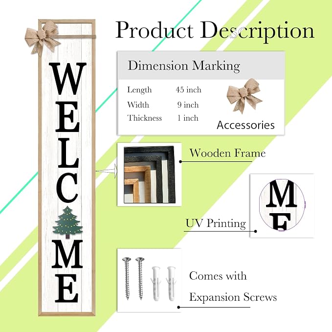Interchangeable Welcome Sign for Front Door Standing, 45"X9" with 12 Pcs Replaceable Icons Rustic Outdoor Tall Front Porch Farmhouse Outside Wreath Leaner Vertical Decor (Wood)